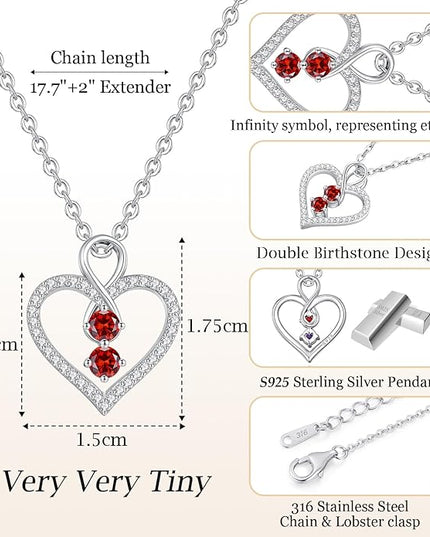 LOUISA SECRET Infinity Double Birthstone Necklace, 925 Sterling Silver Tiny Pendant Heart Necklace for Women Wife Her, Best Jewelry Gift Heart Jewelry Meaningful Gift for Valentine's Day, Christmas, Birthday Anniversary