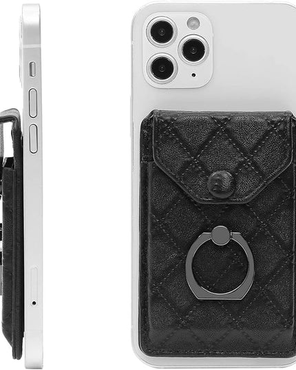 Cell Phone Card Holder RFID Ring Stand Stick on Wallet Card Holder of Phone All Smartphones Adhesive Credit Card Holder for Cell Phone-Black
