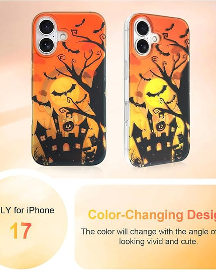 Halloween Case for iPhone 17 Case [ Compatible with Magsafe ] Holographic Orange Sky with Black Castle, Bats, Ghosts and Pumpkins Pattern Design, Creative Magnetic Protective Phone Cover