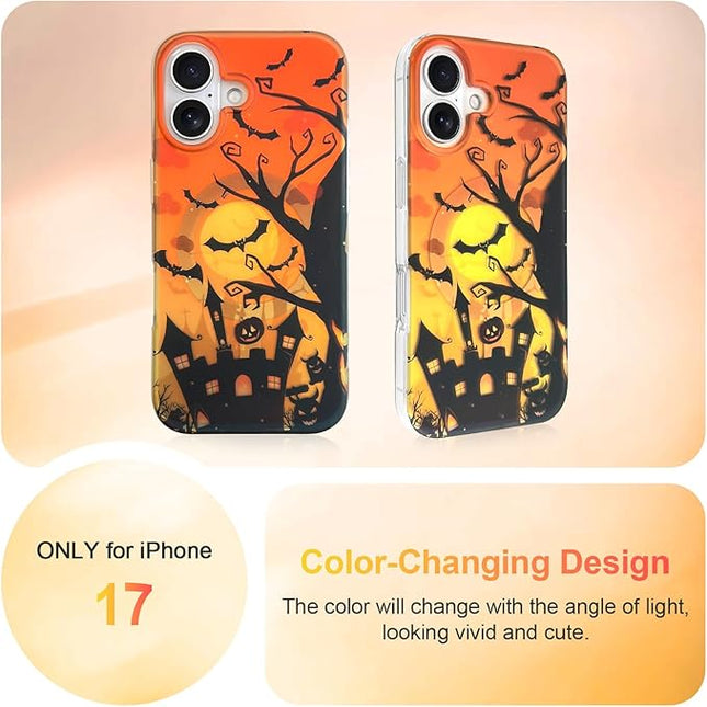 Halloween Case for iPhone 17 Case [ Compatible with Magsafe ] Holographic Orange Sky with Black Castle, Bats, Ghosts and Pumpkins Pattern Design, Creative Magnetic Protective Phone Cover