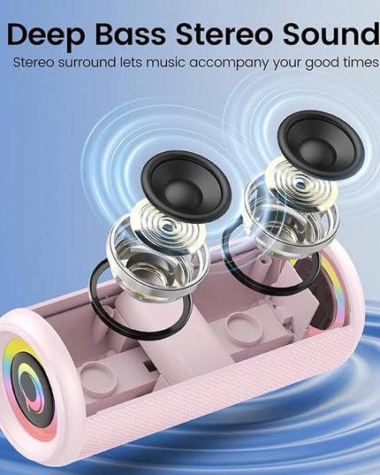 Portable Bluetooth Speaker, 2026 Bluetooth 5.4 Wireless Speaker with 20W HD Loud Stereo Sound, 20H Playtime, LED Lights, IP7, TWS Pairing, Built-in Mic, for Outdoor, Home, Beach, Party, Gift, Pink