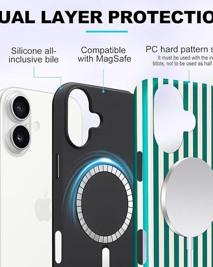 Magnetic for iPhone 17 Case Cute Stripes Phone Case, Shockproof Slim TPU and Hard PC Protective Phone Cover Compatible with MagSafe Designed for Women Girls, Emerald Green