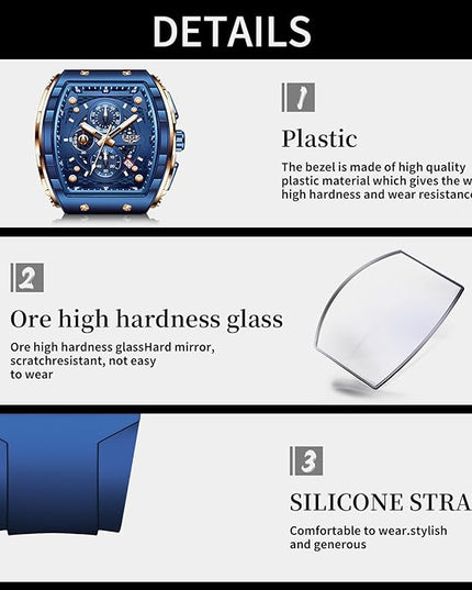 Mens Watches,Unique Rectangular Quartz Analog Watch,Outdoor Sports Multi-Function Watch,Chronograph/Waterproof/Luminous/Calendar,Durable Silicone Strap Mens Casual Watches
