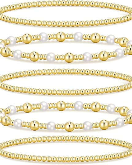 Gold Beaded Bracelets for Women, 14K Real Gold Plated Jewelry for Women Dainty Pearl Bead Bracelets Stack, Non Tarnish Trendy Stackable Ball Cross Stretch Bracelet Set Fashion Accessories Gifts