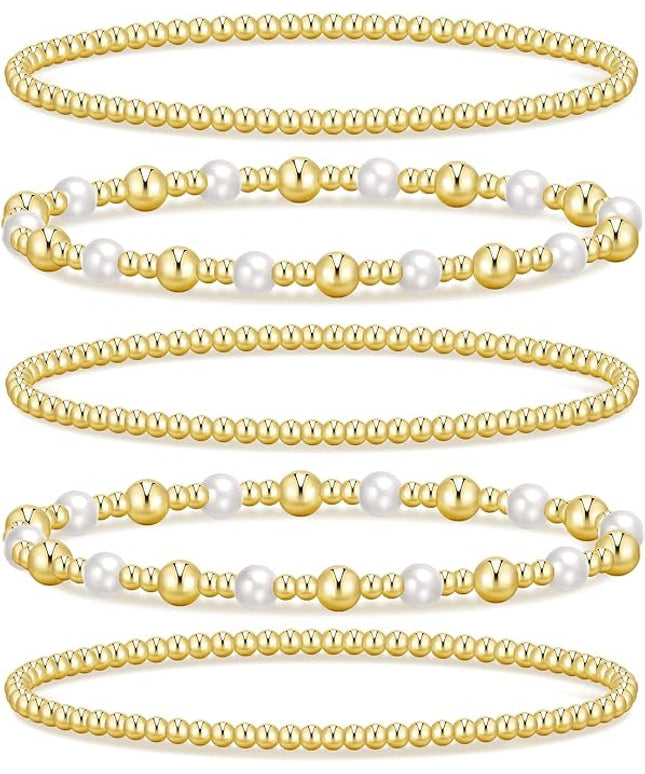 Gold Beaded Bracelets for Women, 14K Real Gold Plated Jewelry for Women Dainty Pearl Bead Bracelets Stack, Non Tarnish Trendy Stackable Ball Cross Stretch Bracelet Set Fashion Accessories Gifts