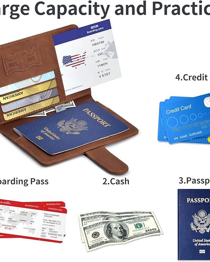 Passport Holder, Passport Cover with Credit Card Slot and Boarding Pass Slot Combo, Passport Wallet Case Book Travel Must Have, RFID Blocking Leather Travel Accessories, Brown