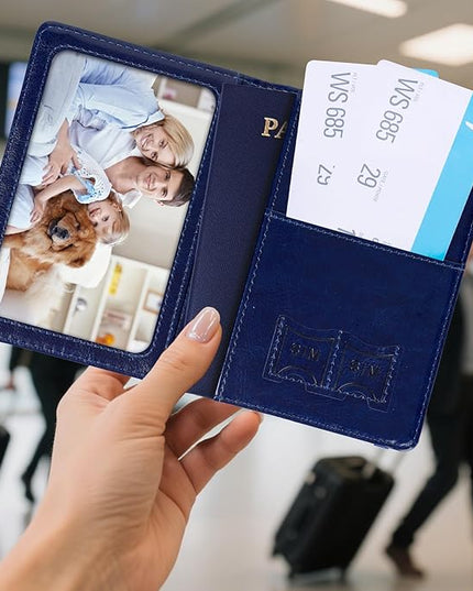 Passport Holder for Travel, RFID Blocking Passport Cover with Pen Holder Leather Passport Wallet Case Travel Must Haves Accessories Passport Book Card Holder for Family Travel Essentials, Dark Blue