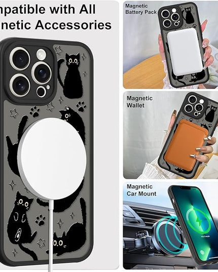 Cute Magnetic Case for iPhone 13 Pro Max Case [ Compatible with MagSafe ] with Black Cat Cats Pattern Design for Women Girls Boys, Soft Bumper Hard Back Kawaii Animal Protective Phone Cover