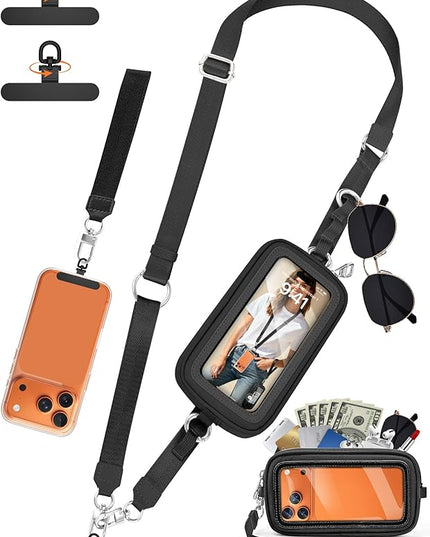 takyu Clip and Go Strap for Phone with Wallet Crossbody, 4-in-1 Adjustable Phone Lanyard with Detachable Wallet Wristlet Strap, Convertible Crossbody Bags with ID Window for Women Travel, Black