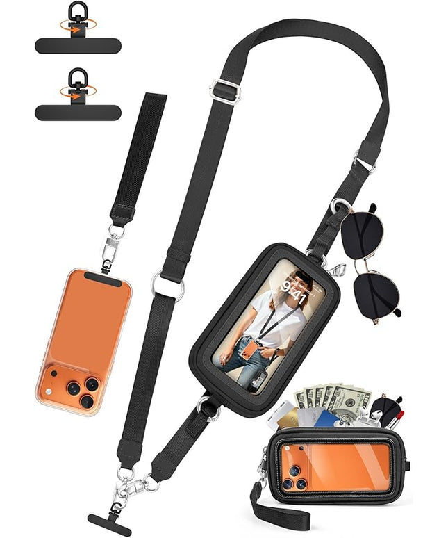 takyu Clip and Go Strap for Phone with Wallet Crossbody, 4-in-1 Adjustable Phone Lanyard with Detachable Wallet Wristlet Strap, Convertible Crossbody Bags with ID Window for Women Travel, Black