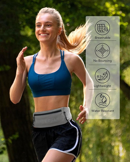 WATERFLY Running Belt Fanny Pack: Breathable 3 Pocket Waist Bag for Men Women Workout Exercise Fitness Phone Holder Fits All Phones - Runner Marathon Jogging Race Belt with Bib Clip Gray