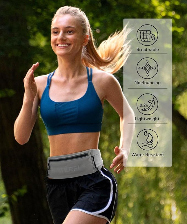 WATERFLY Running Belt Fanny Pack: Breathable 3 Pocket Waist Bag for Men Women Workout Exercise Fitness Phone Holder Fits All Phones - Runner Marathon Jogging Race Belt with Bib Clip Gray