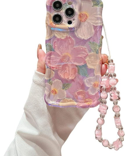 Pink Wavy Case for iPhone 12 Pro | Curly Protection Frame, Vintage Glossy Oil Painting Floral Print, with Lovely Bead Chain, for Grils and Women