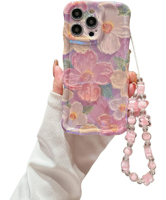 iPhone 12 Pink Wavy Case | Curly Protection Frame, Vintage Glossy Oil Painting Floral Print, with Lovely Bead Chain, for Grils and Women
