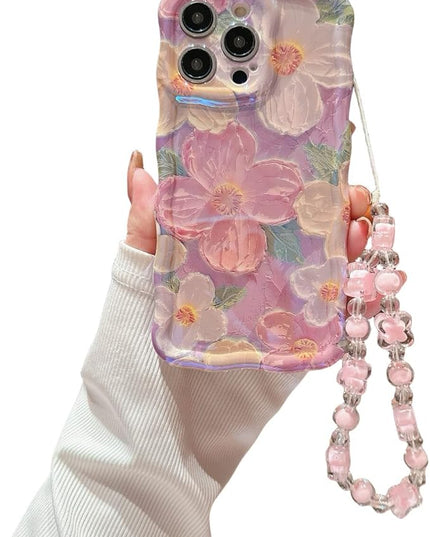 for iPhone 13 Pro Max Pink Wavy Case | Curly Protection Frame, Vintage Glossy Oil Painting Floral Print, with Lovely Bead Chain, for Grils and Women
