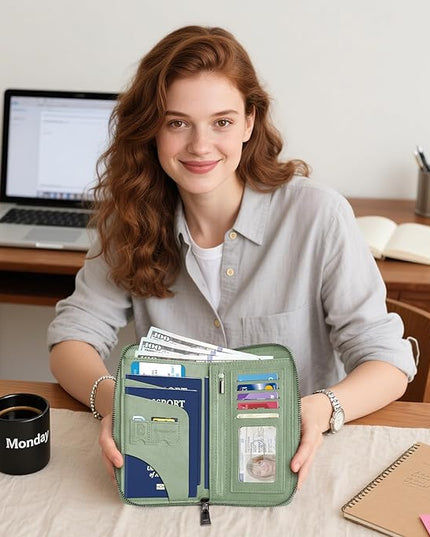 Family Passport Holder Wallet with Zipper, RFID Blocking Travel Document Organizer, PU Leather Passport Wallet for Women Men, Passport Cover Travel Wallet for Boarding Pass, ID, Money, Tickets