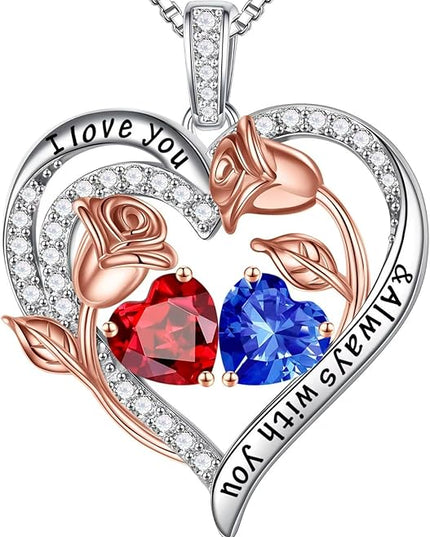 Iefil Christmas Gifts for Women Wife - 925 Sterling Silver Rose Heart Birthstone Necklace Birthday Anniversary Jewelry Gifts for Her Wife Mom Daughter