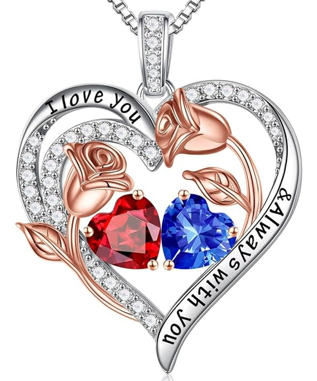 Iefil Christmas Gifts for Women Wife - 925 Sterling Silver Rose Heart Birthstone Necklace Birthday Anniversary Jewelry Gifts for Her Wife Mom Daughter