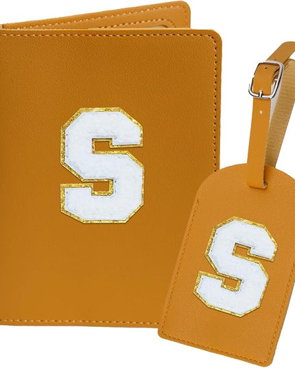 Initial Passport Cover Holder and Luggage tag Set,PU Leather Passport Case Travel Suitcase Tag with Letter Patch, Personalized Travel Luggage Accessories Gifts for Women Grils Teenage Ginger S