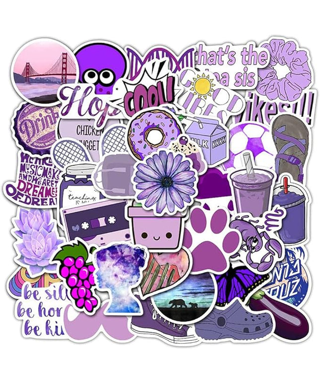 Girl's Purple Aesthetic Waterproof Stickers - 50 PCS for Water Bottle, Laptop, Phone - Cute Designs for Teens and Kids