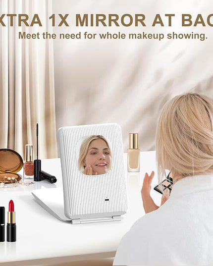 Mocado Travel Makeup Mirror with Light, 1x/10x Magnifying Mirror with Light, 3 Colors Lighted Magnifying Mirror, 2000mAh Rechargeable Lighted Makeup Mirror, Dimmable Touch, Memory Function (White)