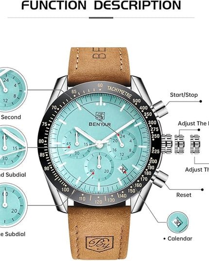 BY BENYAR Watch for Men Analog Quartz Chronograph Waterproof Luminous Designer Mens Wrist Watches Business Work Sport Casual Dress Watch with Silicone Strap Elegant Gifts for Men