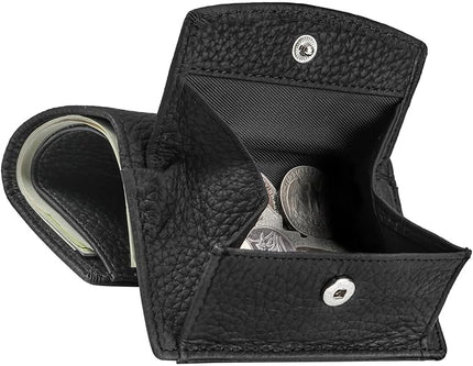 Unisex RFID Genuine Leather Wallet Compact Trifold with Coin Pouch & Card Slots Black (Black)