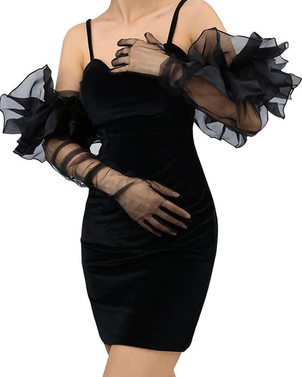 Super Puff Sheer Long Gloves Oversize Tulle Mesh Gloves for Cocktail Opera Party Glove Long Sleeve