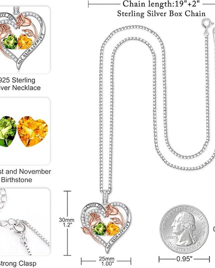 Iefil Christmas Gifts for Women Wife - 925 Sterling Silver Rose Heart Birthstone Necklace Birthday Anniversary Jewelry Gifts for Her Wife Mom Daughter