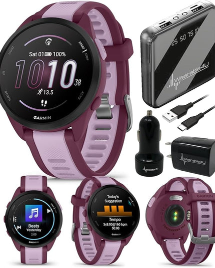 Wearable4U Garmin Forerunner 165 Music Running Smartwatch, Colorful AMOLED Touchscreen, Training Metrics and Recovery Insights Includes PowerPack +Adapters Bundle, Berry/Lilac