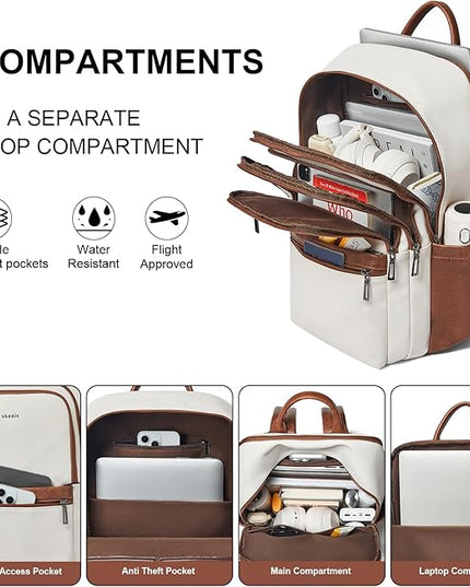 Shrrie 17 inch Leather Laptop Backpack for Women, Large Travel Backpack with 6 Compartments, Computer Backpack Purse for Work College