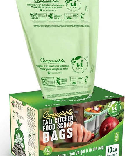 UNNI Compostable Trash Bags, 13 Gallon / 49.2 Liter, 100 Count, Extra Thick 0.9 Mil Tall Kitchen Food Scrap Bin Liners, Certified by BPI, CMA & OK compost HOME, Meets the ASTM D6400 Standard
