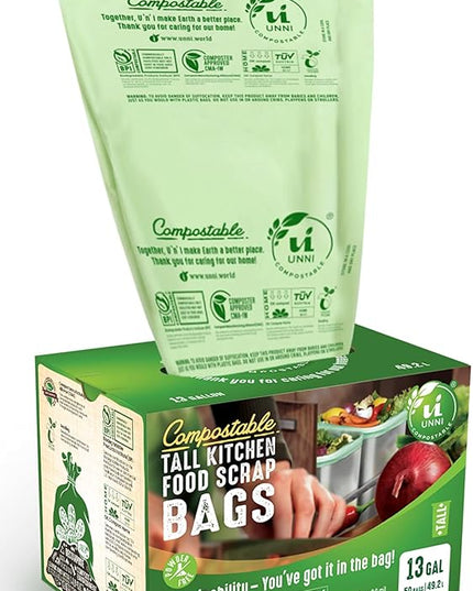 UNNI Compostable Trash Bags, 13 Gallon / 49.2 Liter, 50 Count, Extra Thick 0.9 Mil Tall Kitchen Food Scrap Bin Liners, Certified by BPI, CMA & OK compost HOME, Meets the ASTM D6400 Standard
