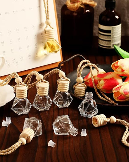 BBTO 50 Pcs Hanging Car Air Freshener Car Diffuser Bottles Empty Glass Perfume Bottle Freshener Diffuser Bottle Pendant for Essential Oil Fragrance Aromatherapy Bottle Ornament(Rhombus)