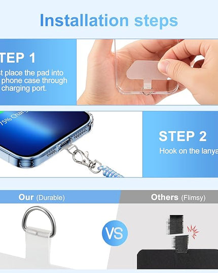SHANSHUI Phone Tether, 2 Pcs Anti Theft Spring Phone Strap, 4 x Tether Pacthes & Carabiner Clips Universal Cellphone Lanyard for Keys Outdoor Skiing Hiking Fishing Fitting for All Smartphones