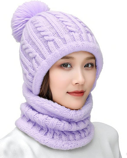 HUAMULAN Women Winter Beanie Hats One Piece Fleece Lined Knit Balaclavas Mask Set Skull Neck Circle Scarf Ski Snow Hat Pompom