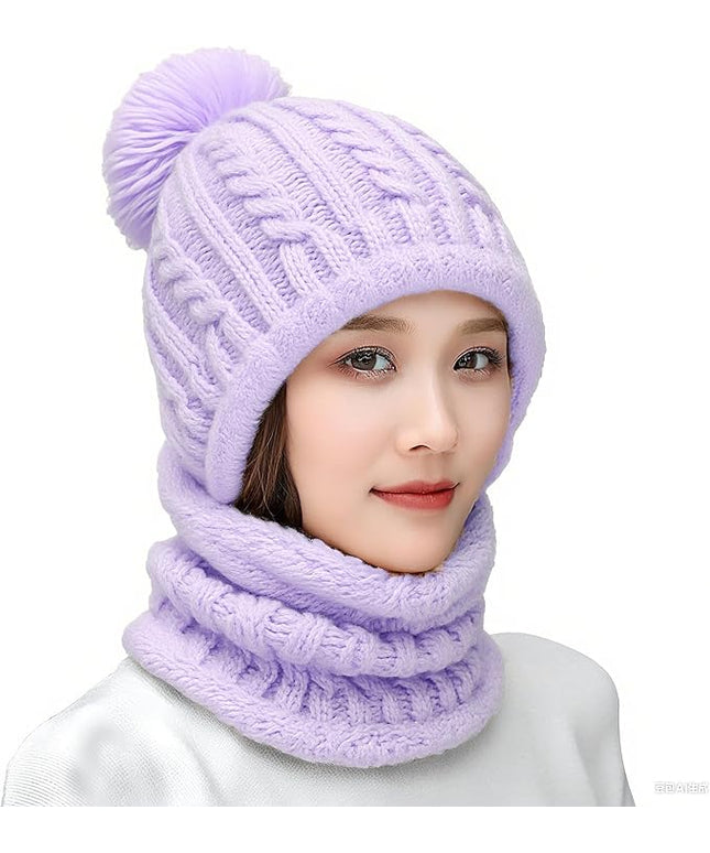 HUAMULAN Women Winter Beanie Hats One Piece Fleece Lined Knit Balaclavas Mask Set Skull Neck Circle Scarf Ski Snow Hat Pompom