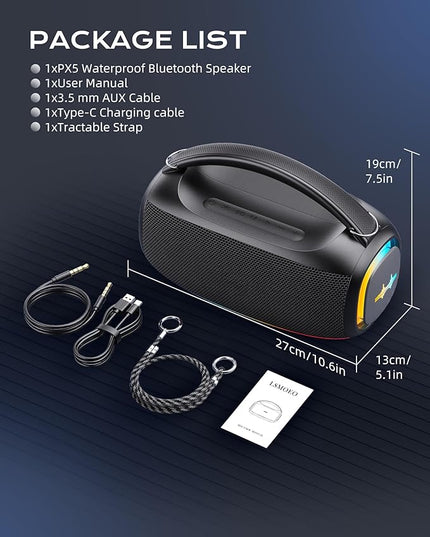 Portable Bluetooth Wireless,60W Loud Speaker with Bass,12H Playtime,IPX5 Waterproof,Stereo Loud Sound,Deep Bass,for Pool,Work,Beach,Outdoor,Workshop,Gift Portable Speaker with TWS (Black)