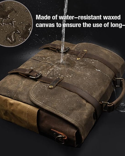 Mens Messenger Bag 15.6 Inch Waterproof Vintage Genuine Leather Waxed Canvas Briefcase Large Leather Computer Laptop Bag Rugged Satchel Shoulder Bag, Coffee