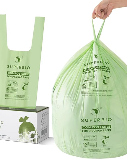 SUPERBIO 13 Gallon Compostable Kitchen Waste Bags with Handles, Food Scrap Bags Certified by BPI, OK compost INDUSTRIAL, 30 Count, 49.2L