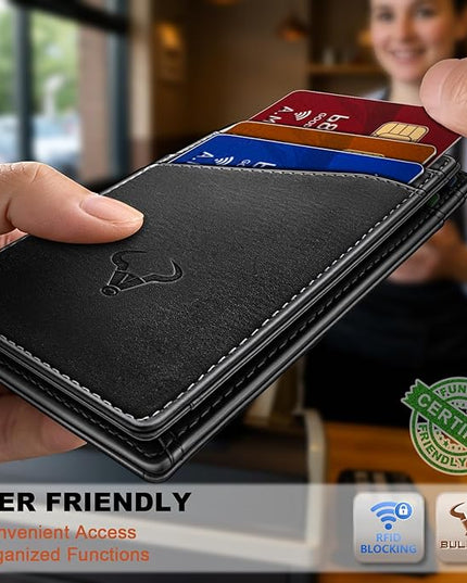 BULLIANT Men Wallet,Top Grain Leather Slim Wallet Magnetic Closure Simplifed Bill Folder RFID Blocking 11Cards