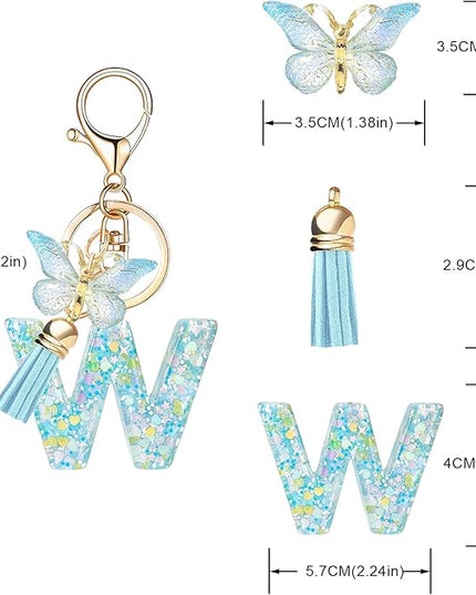 Fashion Alphabet Initial Letter Keychain Tassel Butterfly Pendant Key Ring for Purse Handbags Women Girl