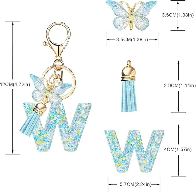 Fashion Alphabet Initial Letter Keychain Tassel Butterfly Pendant Key Ring for Purse Handbags Women Girl
