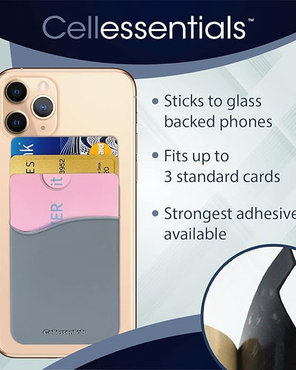 USA Merchant - Cellessentials Redesigned Card Holder - Silicone Stick on Cell Phone Wallet with Pocket for Credit Card ID Business Card - iPhone Android & Smartphones (Grey)