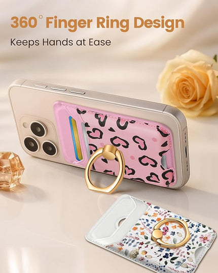 Shorogyt Compatible with Magsafe Wallet Magnetic Card Holder - Phone Wallets with Ring Grip Stand Cute Fashion for iPhone 17/16/15/14/13/12 Series for Women Girls Heart Row Design, Fit 3 Cards