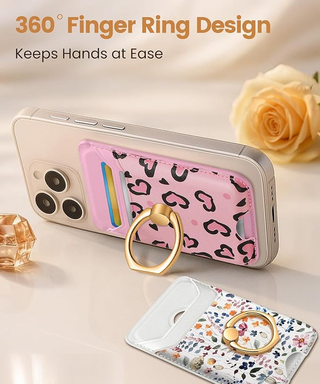 Shorogyt Compatible with Magsafe Wallet Magnetic Card Holder - Phone Wallets with Ring Grip Stand Cute Fashion for iPhone 17/16/15/14/13/12 Series for Women Girls Heart Row Design, Fit 3 Cards