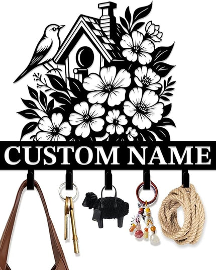 peanut case Customized Keys Holder - Personalized Birds Flower Key Hooks Wall Metal Sign Decor,Wall Holder, Garden,Door Hook (Style B)