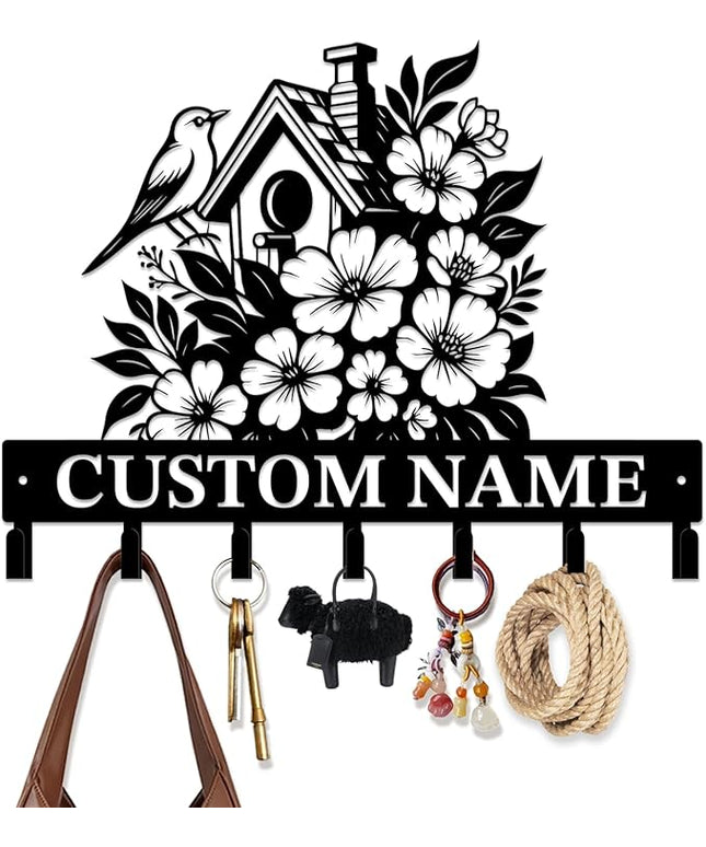 peanut case Customized Keys Holder - Personalized Birds Flower Key Hooks Wall Metal Sign Decor,Wall Holder, Garden,Door Hook (Style B)