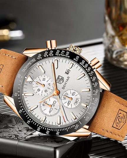 BY BENYAR Watch for Men Analog Quartz Chronograph Waterproof Luminous Designer Mens Wrist Watches Business Work Sport Casual Dress Watch with Silicone Strap Elegant Gifts for Men