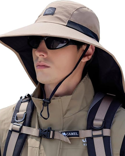 Rosoz Outdoor Sun Hat for Men Women, UPF50+ Protection Safari Cap Wide Brim Mesh Fishing Hat with Neck Flap Beach Garden